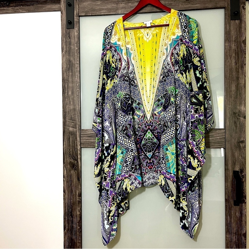 Chico's Vibrant Purple & Yellow Patterned Kimono Top Size L/XL Handkerchief Hem